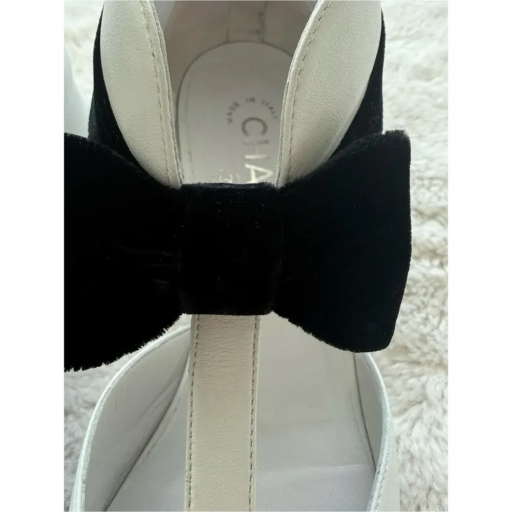 CHANEL white shoes with velvet black bow size 39 EU or 9 US Authentic - Picture 5 of 13